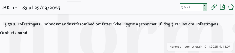 Screenshot af § 58 a. fra retsinformation.dk
