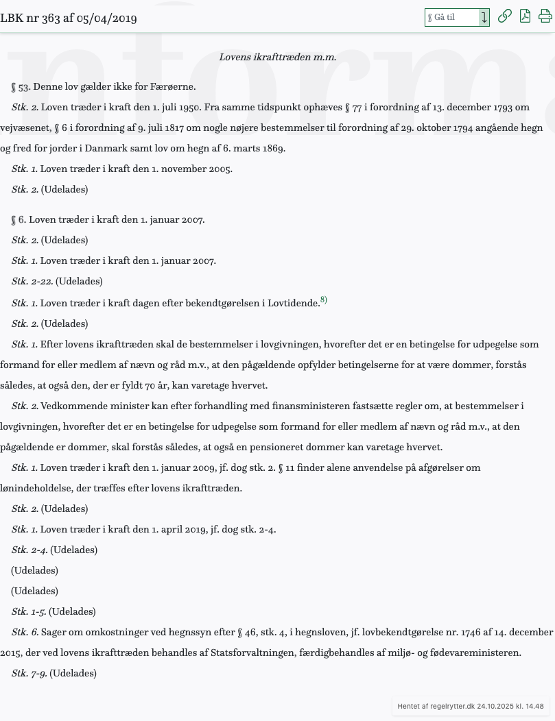 Screenshot af § 53. fra retsinformation.dk