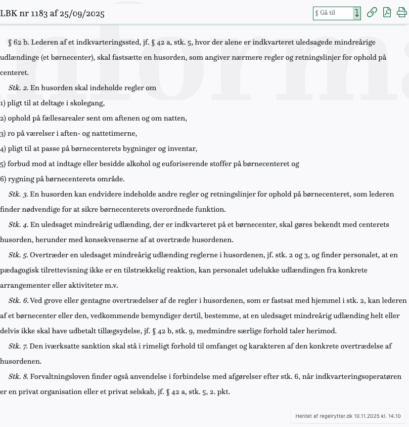 Screenshot af § 62 b. fra retsinformation.dk