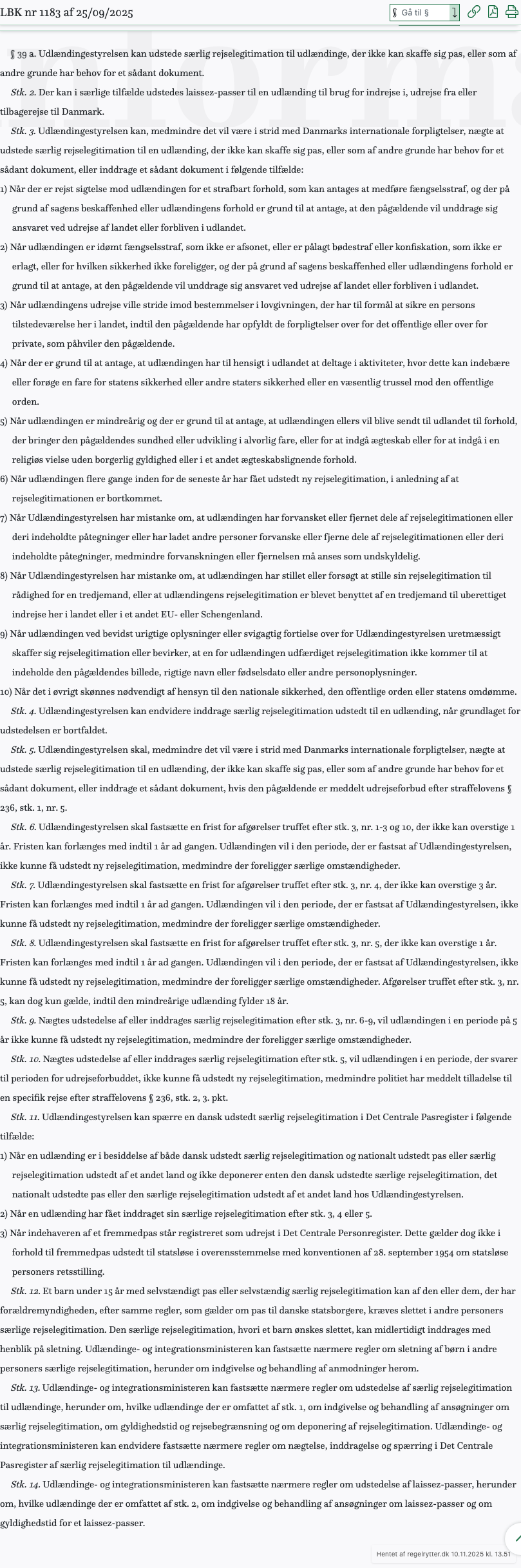 Screenshot af § 39 a. fra retsinformation.dk