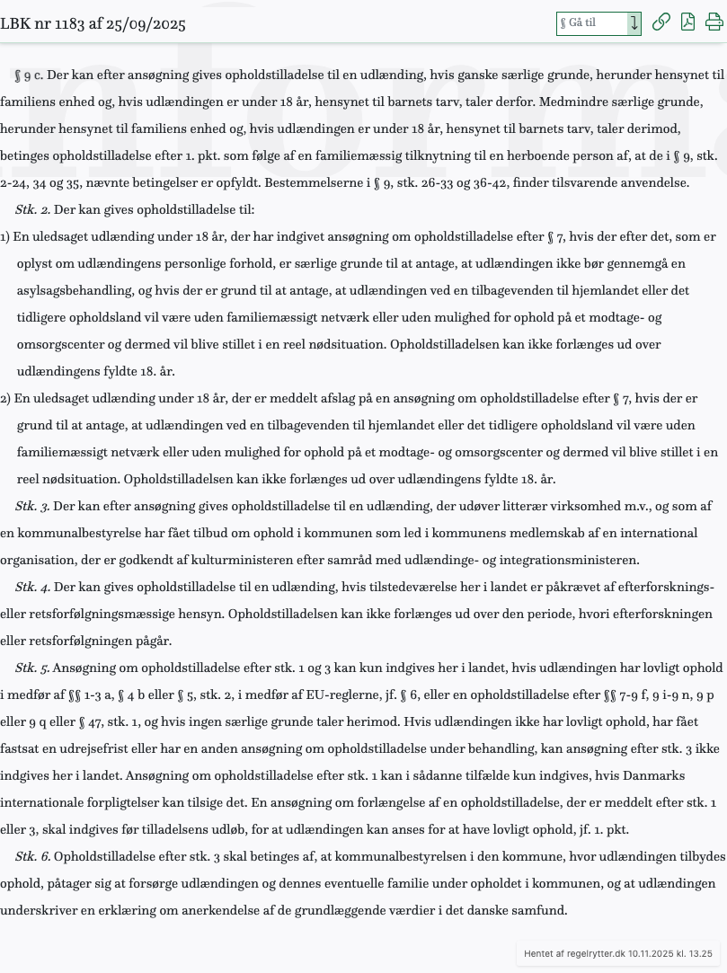 Screenshot af § 9 c. fra retsinformation.dk