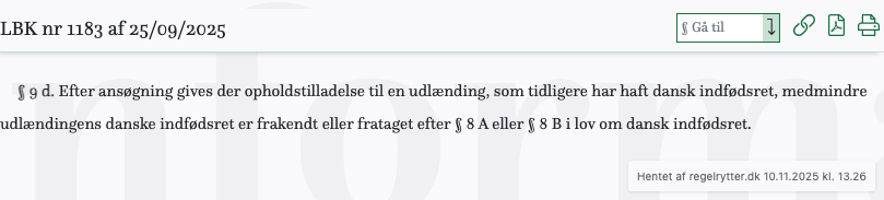 Screenshot af § 9 d. fra retsinformation.dk