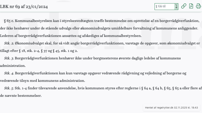 Screenshot af § 65 e. fra retsinformation.dk