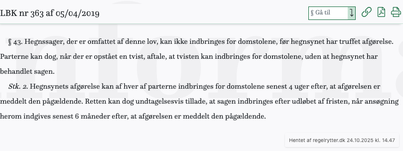Screenshot af § 43. fra retsinformation.dk