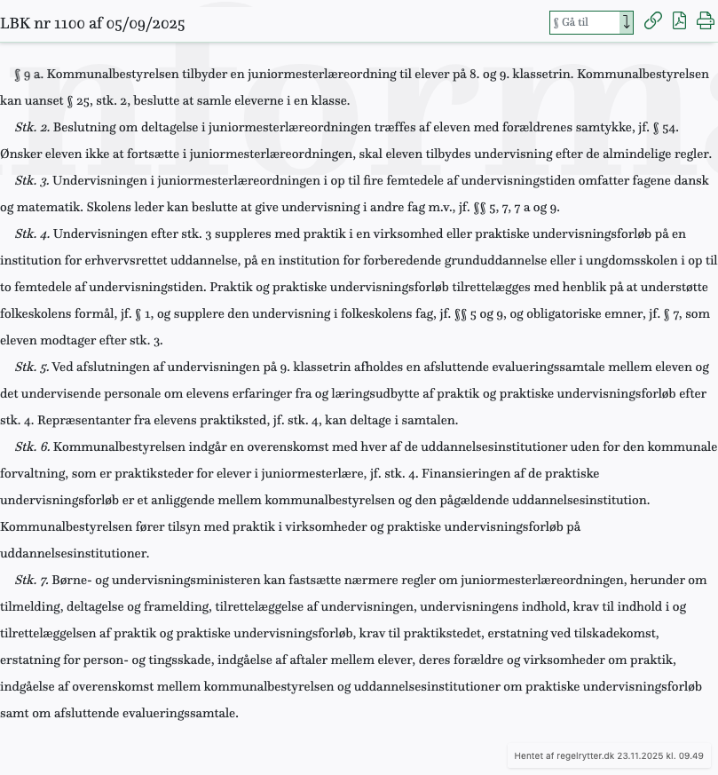 Screenshot af § 9 a. fra retsinformation.dk