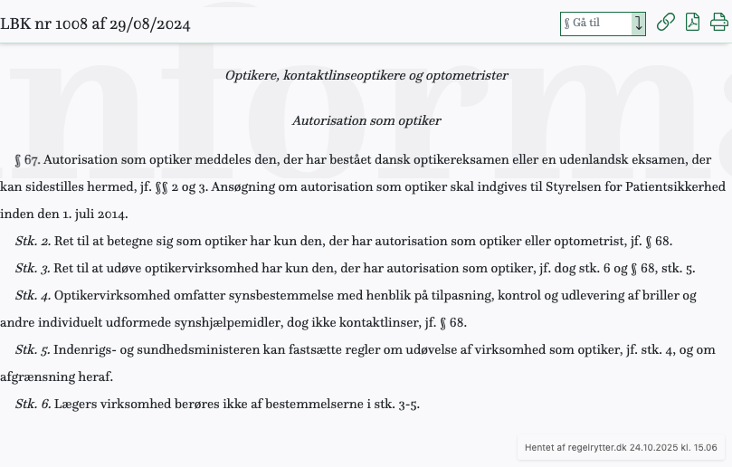 Screenshot af § 67. fra retsinformation.dk