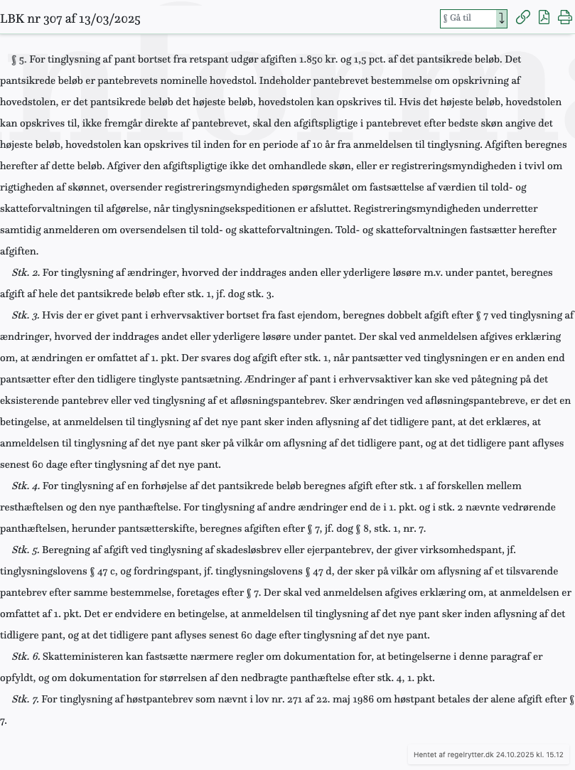 Screenshot af § 5. fra retsinformation.dk