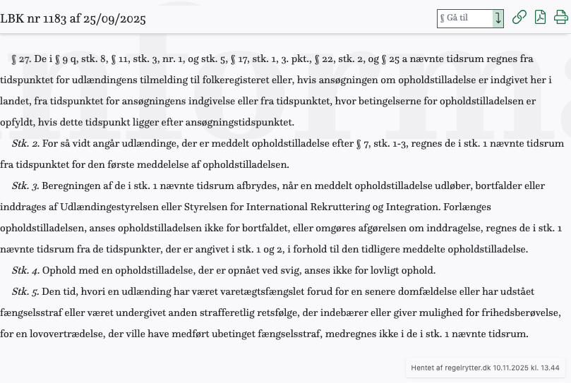 Screenshot af § 27. fra retsinformation.dk