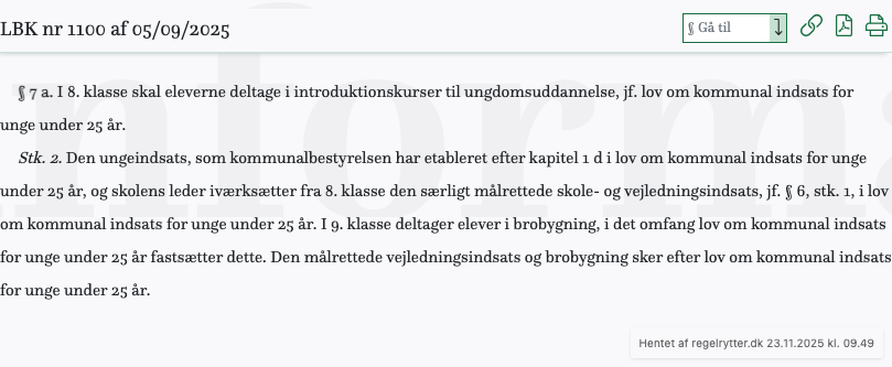 Screenshot af § 7 a. fra retsinformation.dk