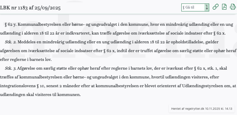 Screenshot af § 62 y. fra retsinformation.dk
