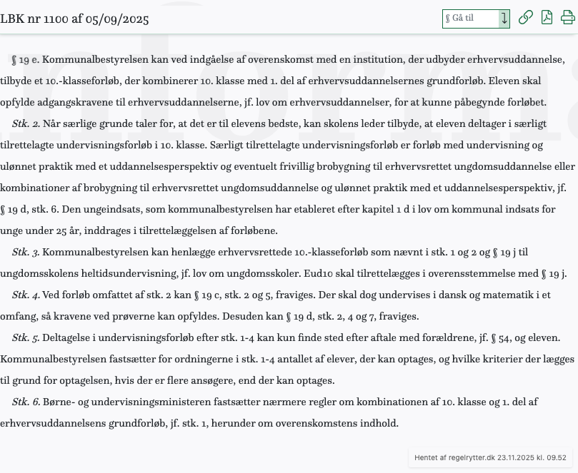 Screenshot af § 19 e. fra retsinformation.dk