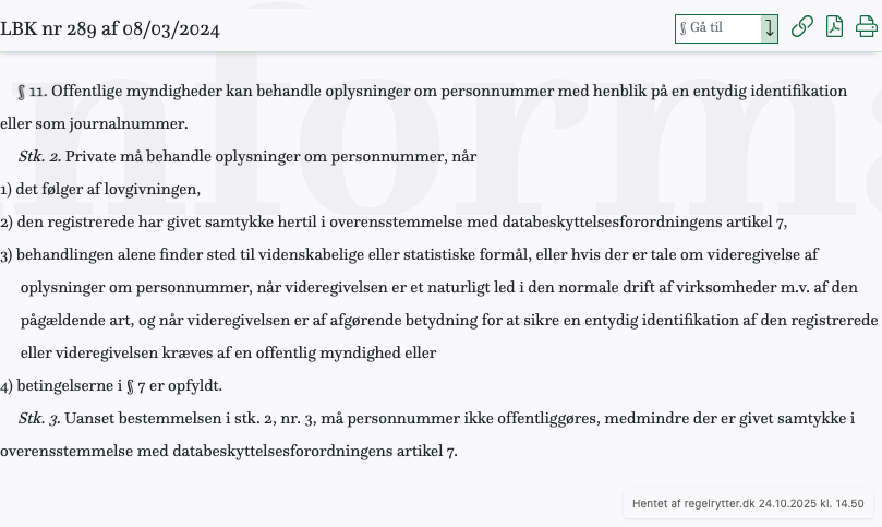 Screenshot af § 11. fra retsinformation.dk