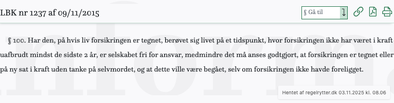 Screenshot af § 100. fra retsinformation.dk