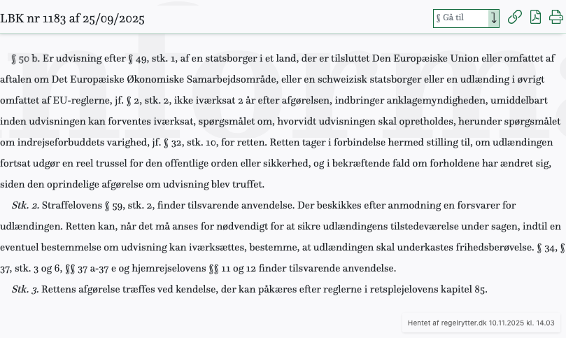 Screenshot af § 50 b. fra retsinformation.dk