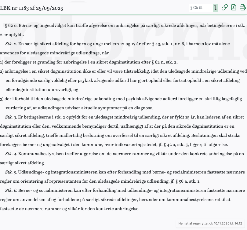 Screenshot af § 62 o. fra retsinformation.dk
