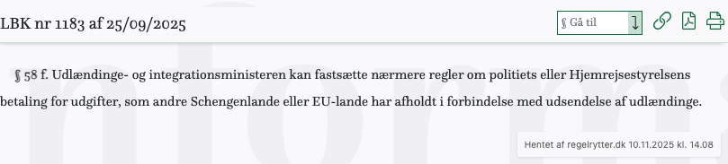 Screenshot af § 58 f. fra retsinformation.dk