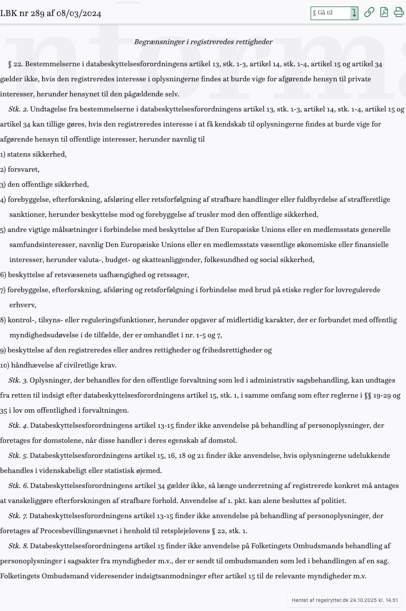 Screenshot af § 22. fra retsinformation.dk