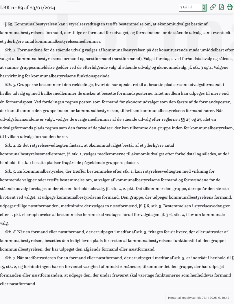 Screenshot af § 65. fra retsinformation.dk