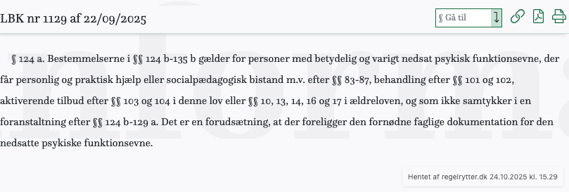 Screenshot af § 124 a. fra retsinformation.dk