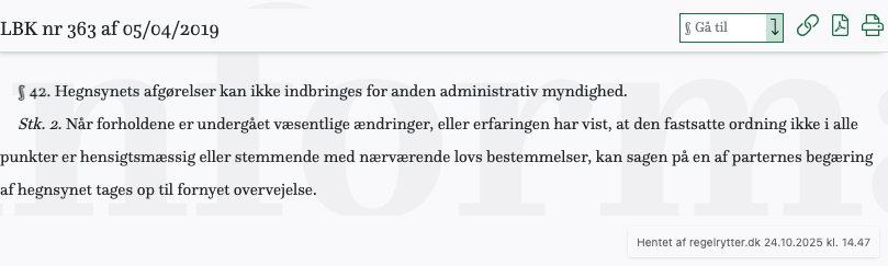 Screenshot af § 42. fra retsinformation.dk