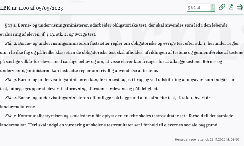 Screenshot af § 13 a. fra retsinformation.dk