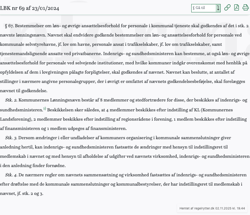 Screenshot af § 67. fra retsinformation.dk