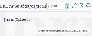 Screenshot af § 42 a. fra retsinformation.dk