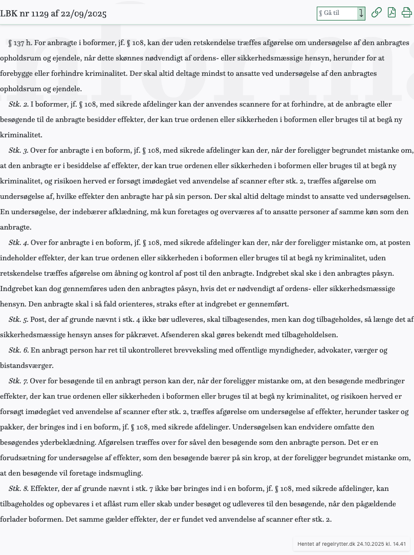 Screenshot af § 137 h. fra retsinformation.dk