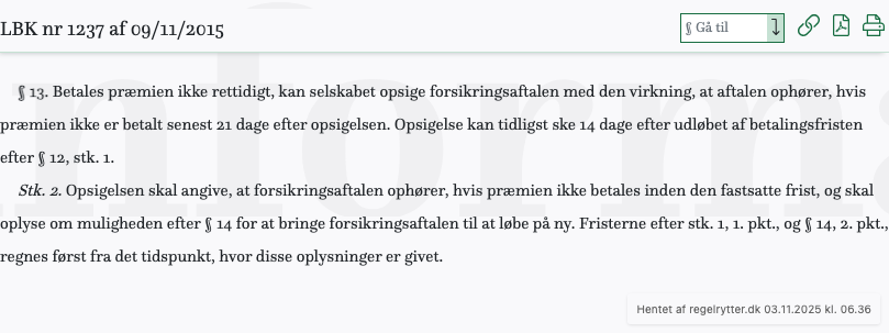 Screenshot af § 13. fra retsinformation.dk