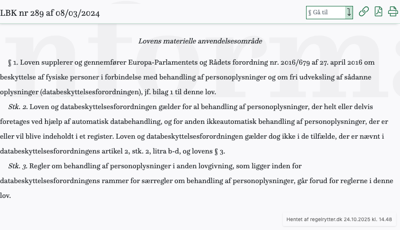 Screenshot af Databeskyttelsesloven fra retsinformation.dk