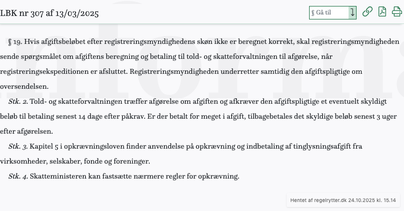 Screenshot af § 19. fra retsinformation.dk