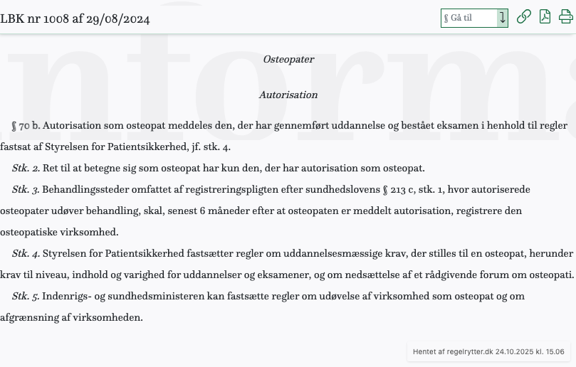 Screenshot af § 70 b. fra retsinformation.dk