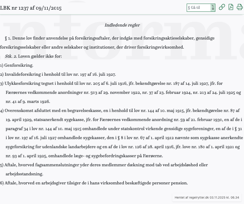 Screenshot af § 1. fra retsinformation.dk
