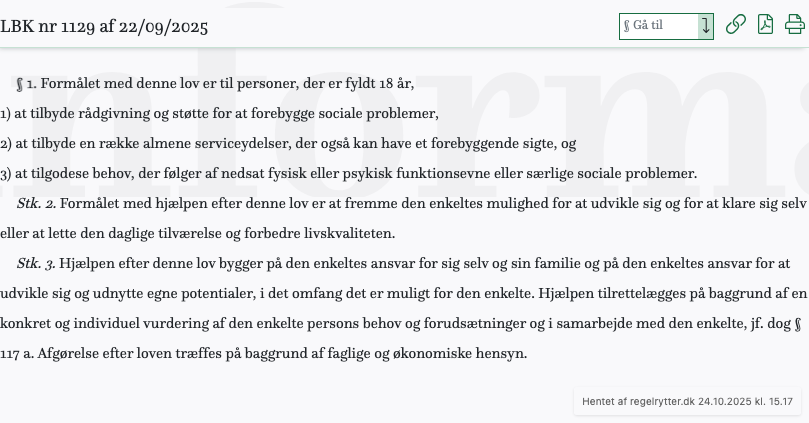 Screenshot af Serviceloven fra retsinformation.dk