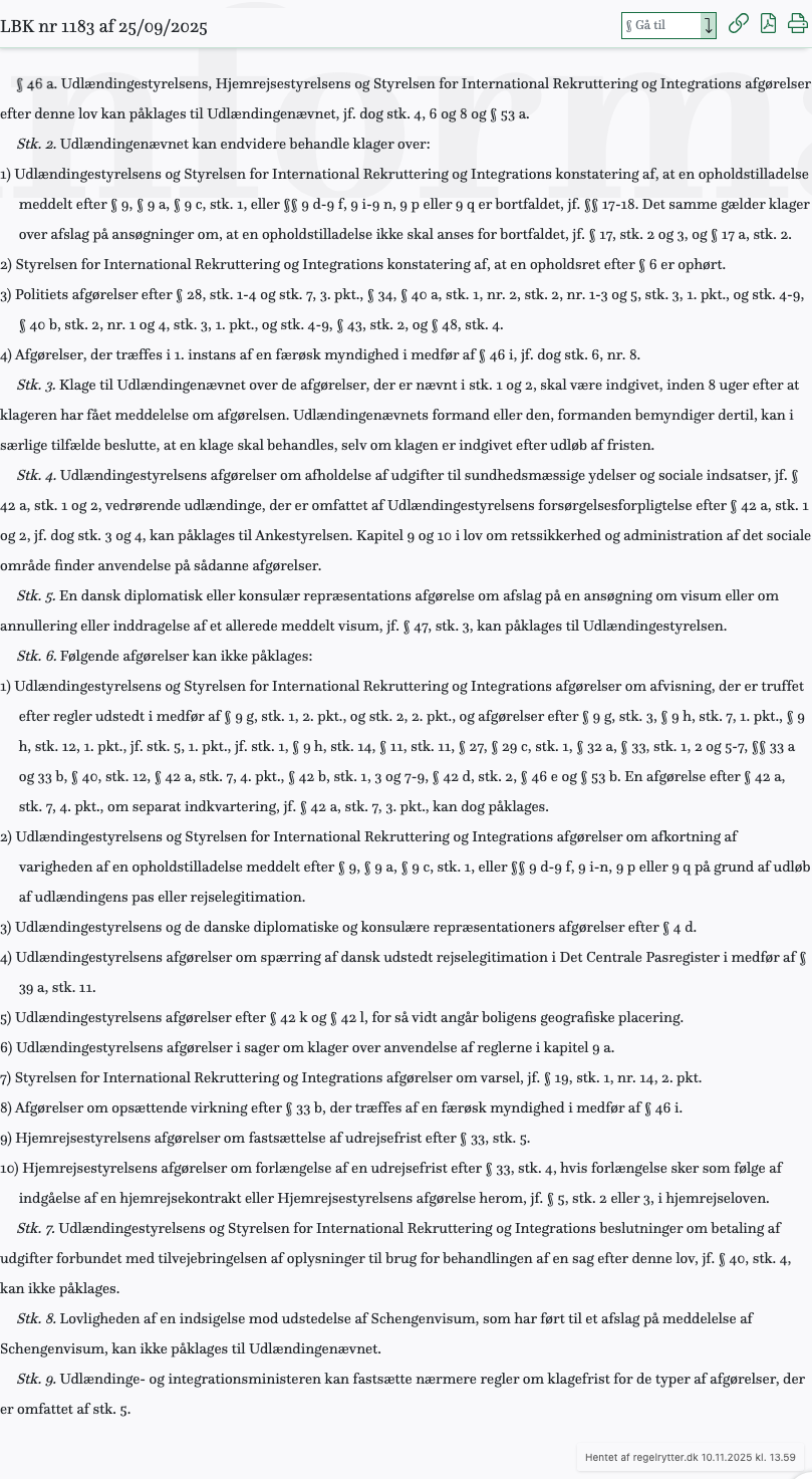 Screenshot af § 46 a. fra retsinformation.dk