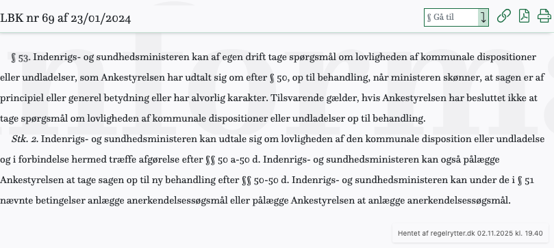 Screenshot af § 53. fra retsinformation.dk