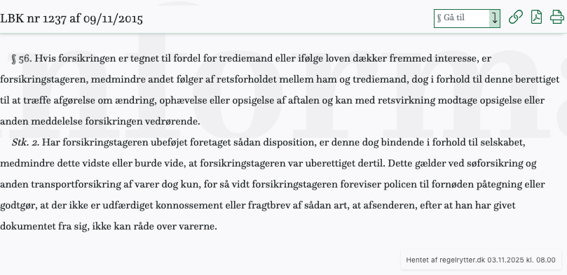 Screenshot af § 56. fra retsinformation.dk