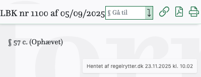 Screenshot af § 57 c. fra retsinformation.dk