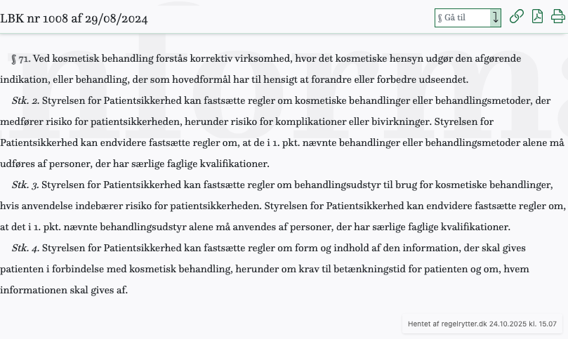 Screenshot af § 71. fra retsinformation.dk