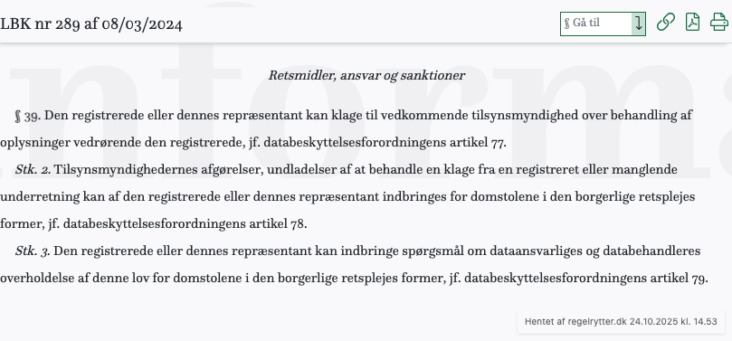 Screenshot af § 39. fra retsinformation.dk