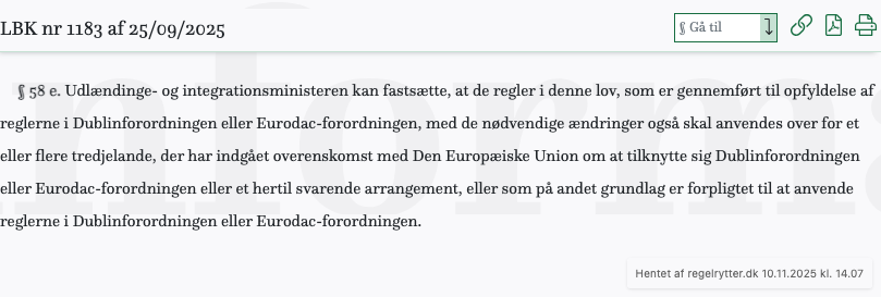 Screenshot af § 58 e. fra retsinformation.dk