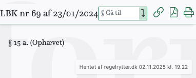 Screenshot af § 15 a. fra retsinformation.dk