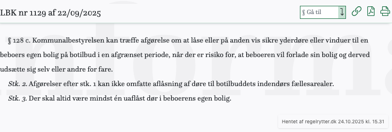 Screenshot af § 128 c. fra retsinformation.dk