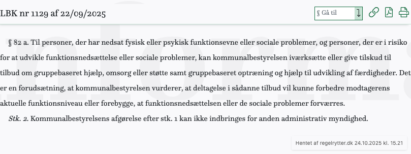 Screenshot af § 82 a. fra retsinformation.dk