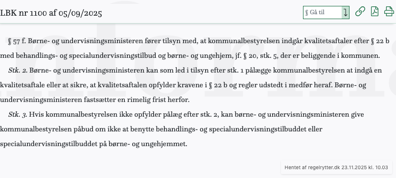 Screenshot af § 57 f. fra retsinformation.dk