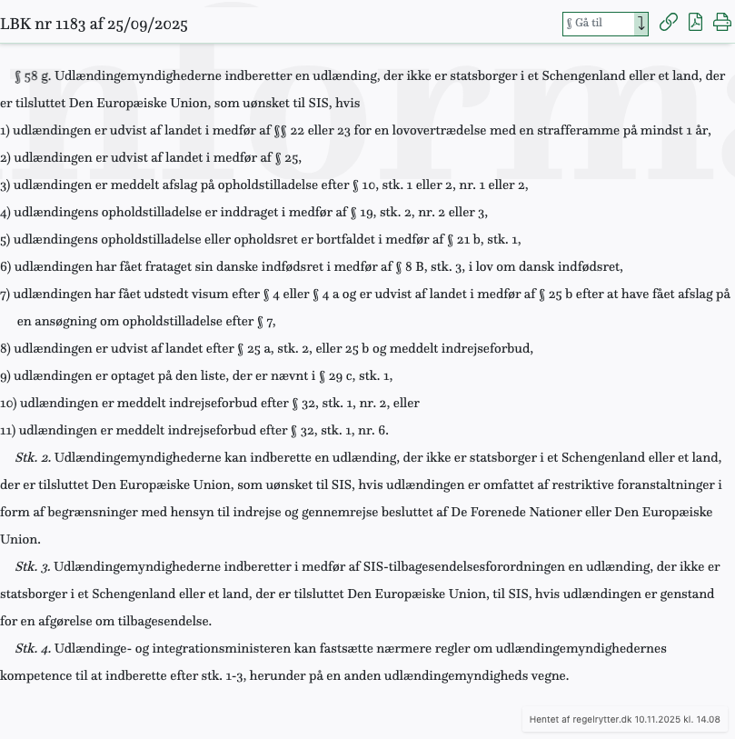 Screenshot af § 58 g. fra retsinformation.dk