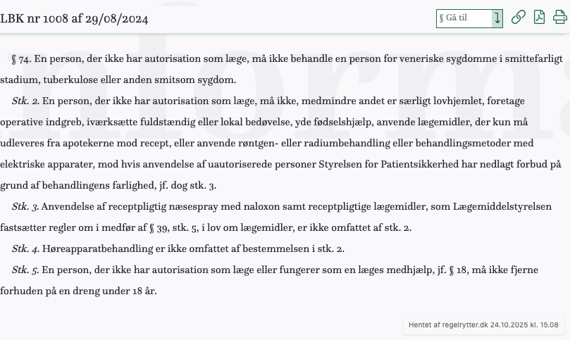 Screenshot af § 74. fra retsinformation.dk