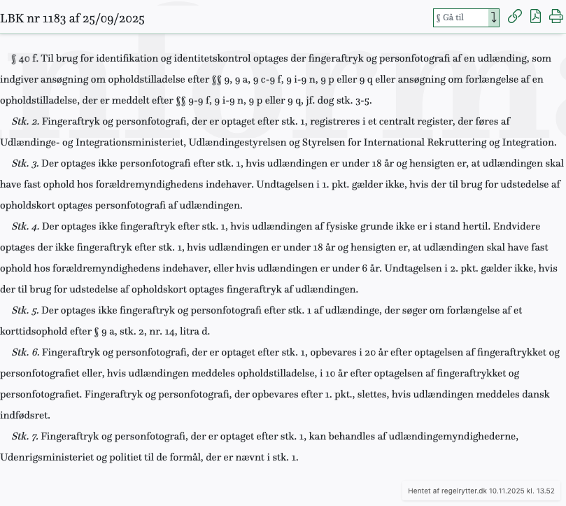 Screenshot af § 40 f. fra retsinformation.dk