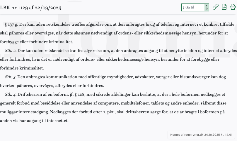 Screenshot af § 137 g. fra retsinformation.dk
