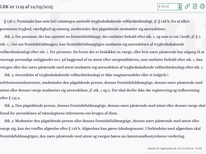 Screenshot af § 136 e. fra retsinformation.dk